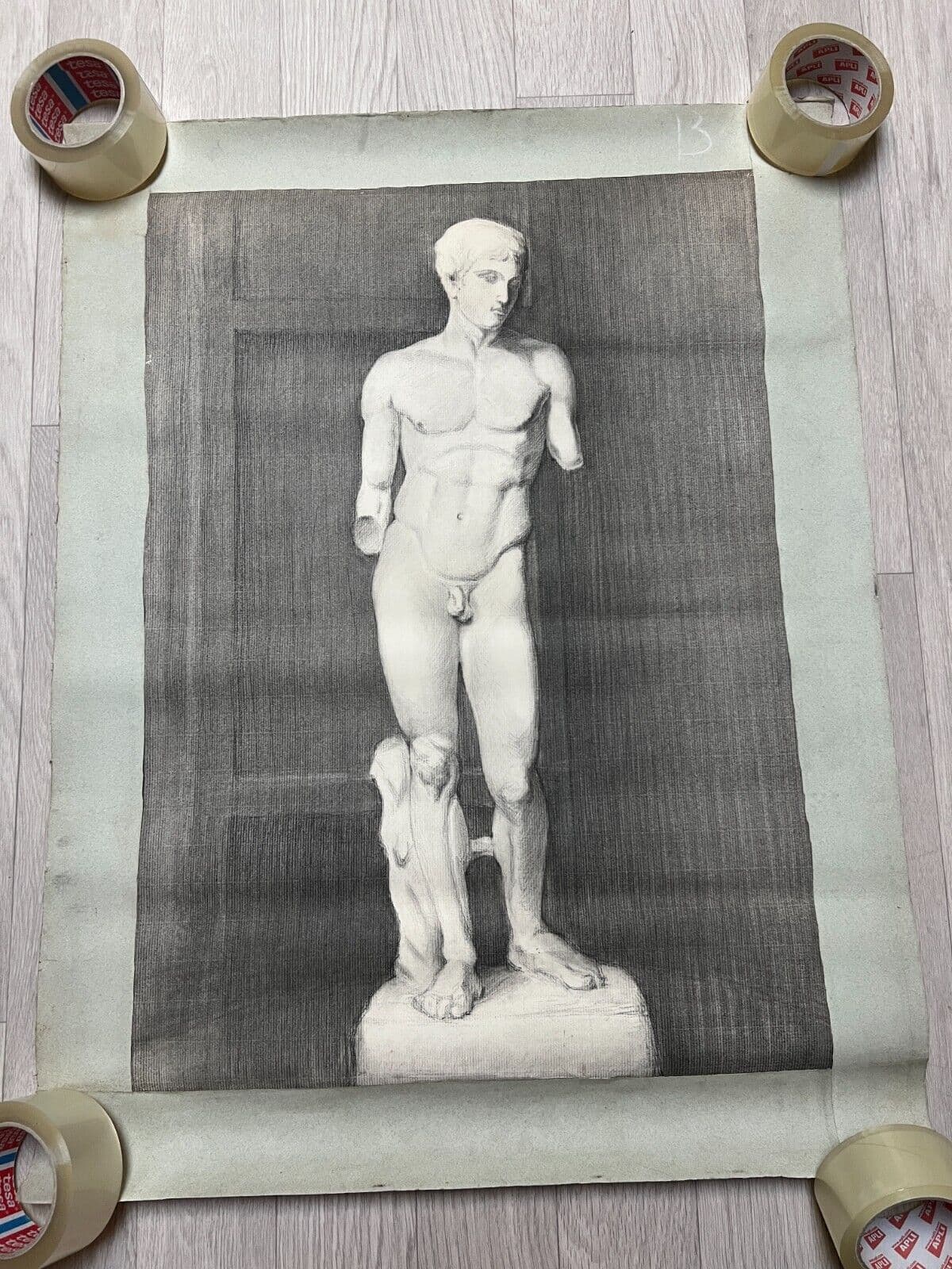 Antique Original Drawing Man, Portrait, Academic, Nude, Stick image 2