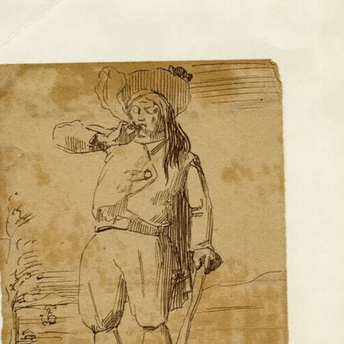 Antique Ink Drawing Original 19th century Man Smocking a Pipe, Flemish image 2