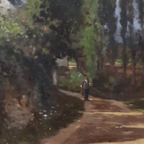 Antique Oil on canvas Original Old Painting Landscape, Path to House image 2