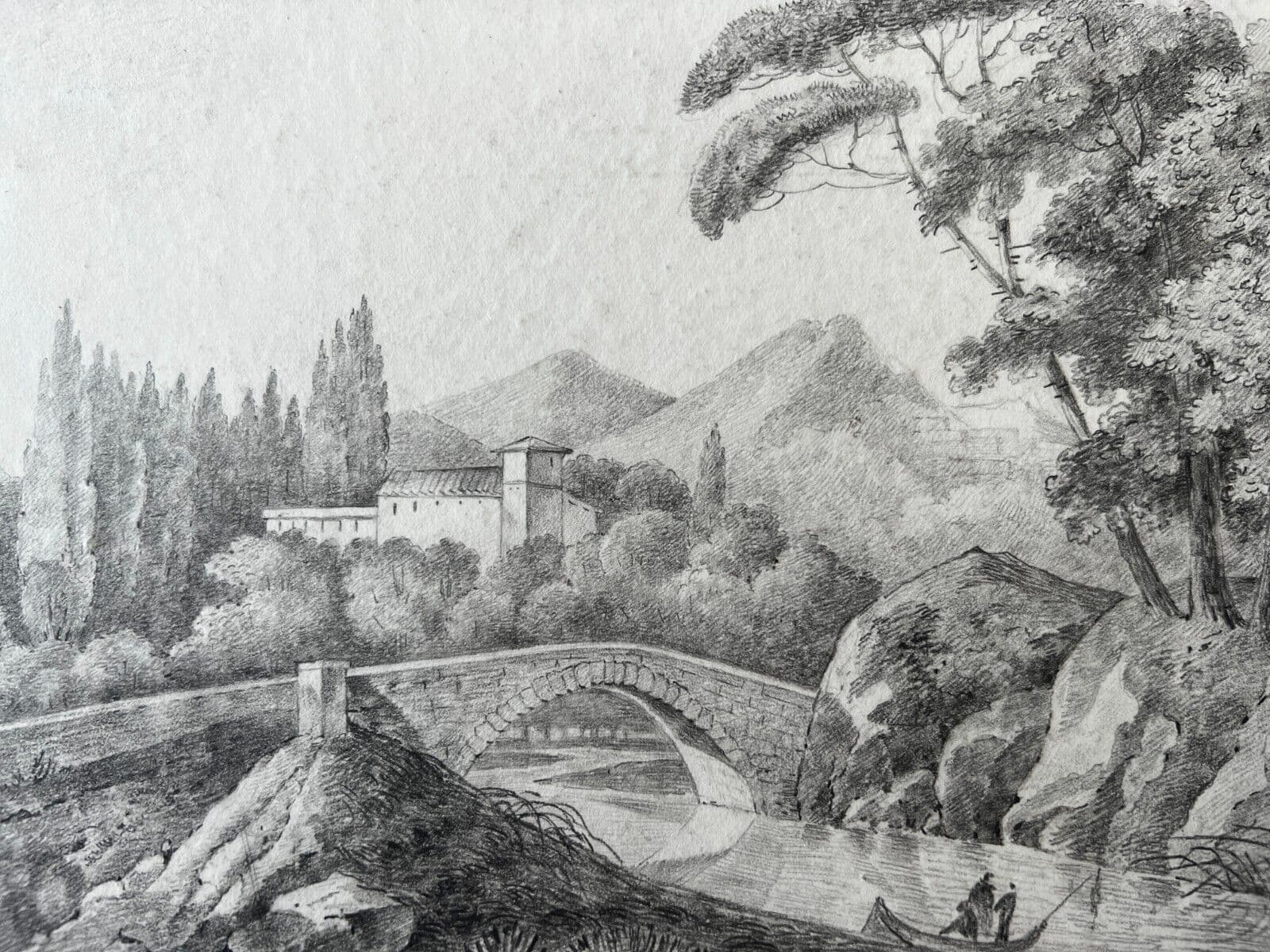 19th century Original Antique Pencil Drawing Landscape Village and Trees
