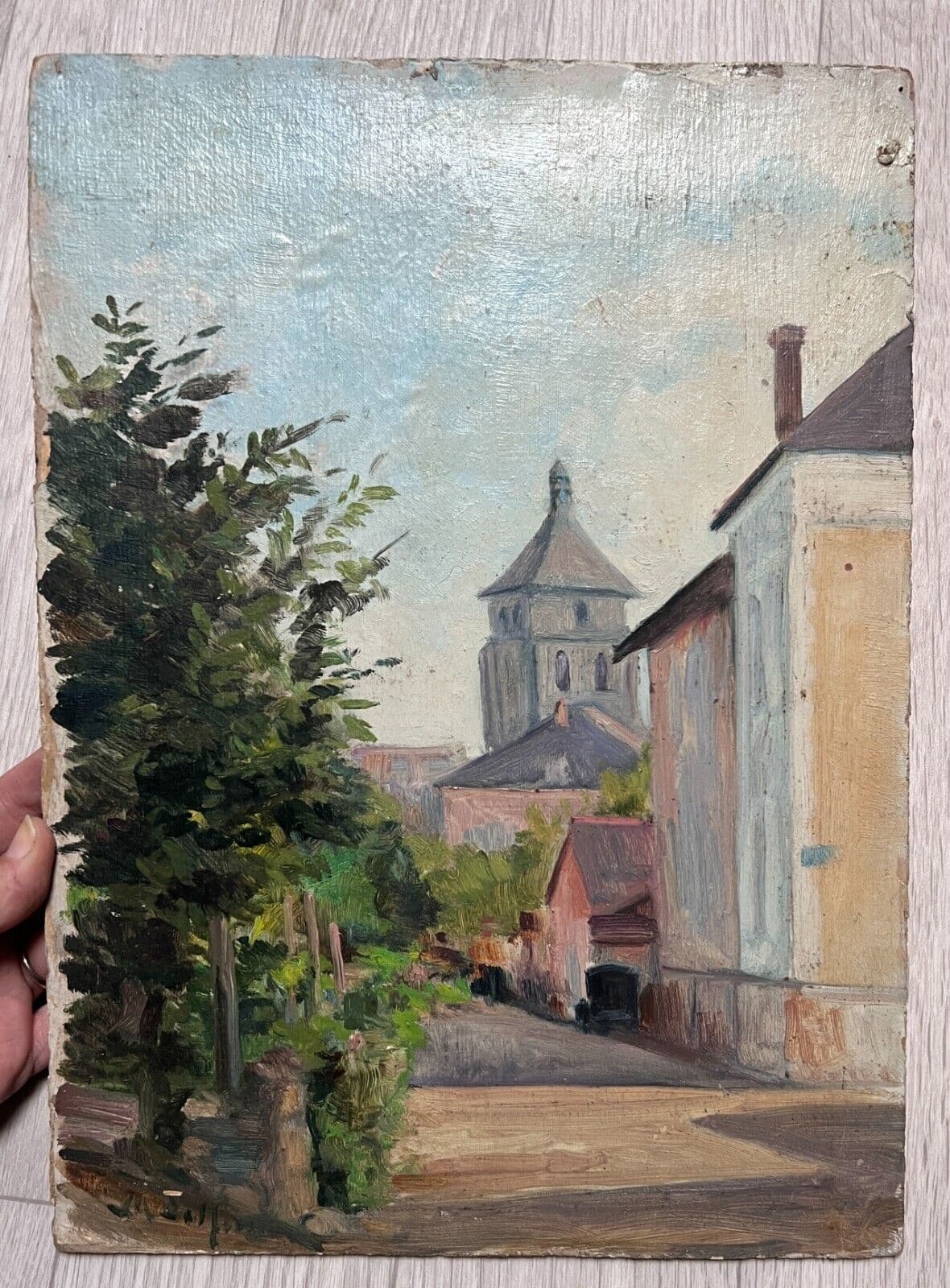 Antique Original Painting Landscape, Village, Trees, Forest signed image 4