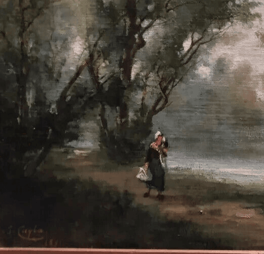 Antique Original Painting signed Jules CAYLA Landscape Barbizon, People image 3