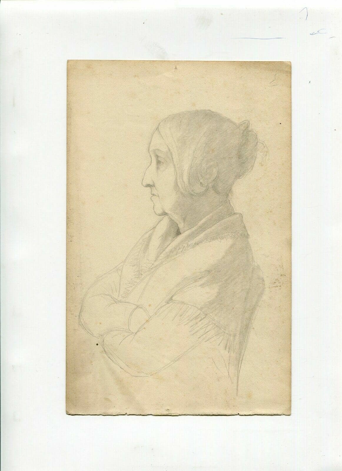 Antique Pencil Drawing 19th century, Woman Profil with a Shawl image 6