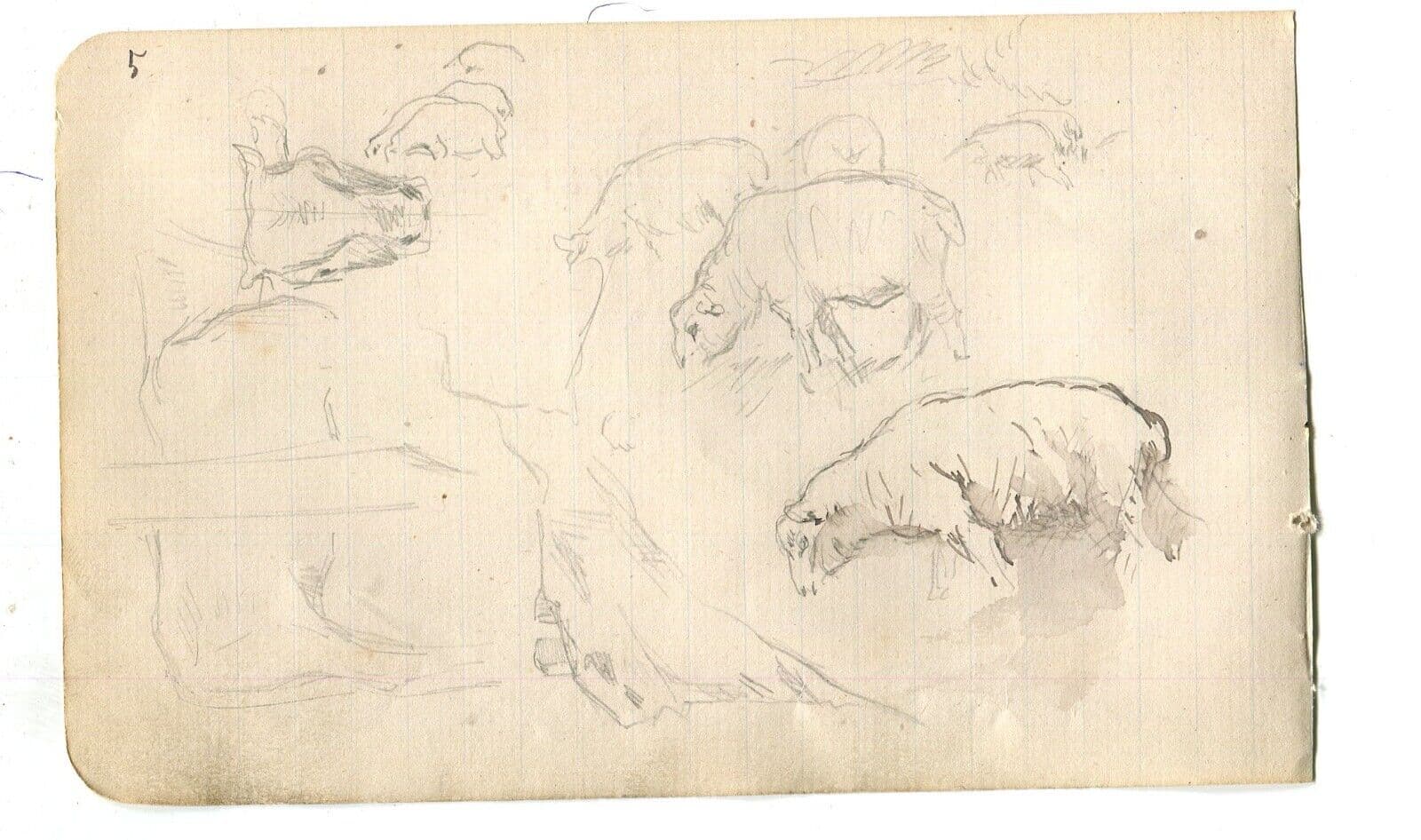 Vintage Ink Original Drawing Animals, Sheep, Cow, Stable image 4