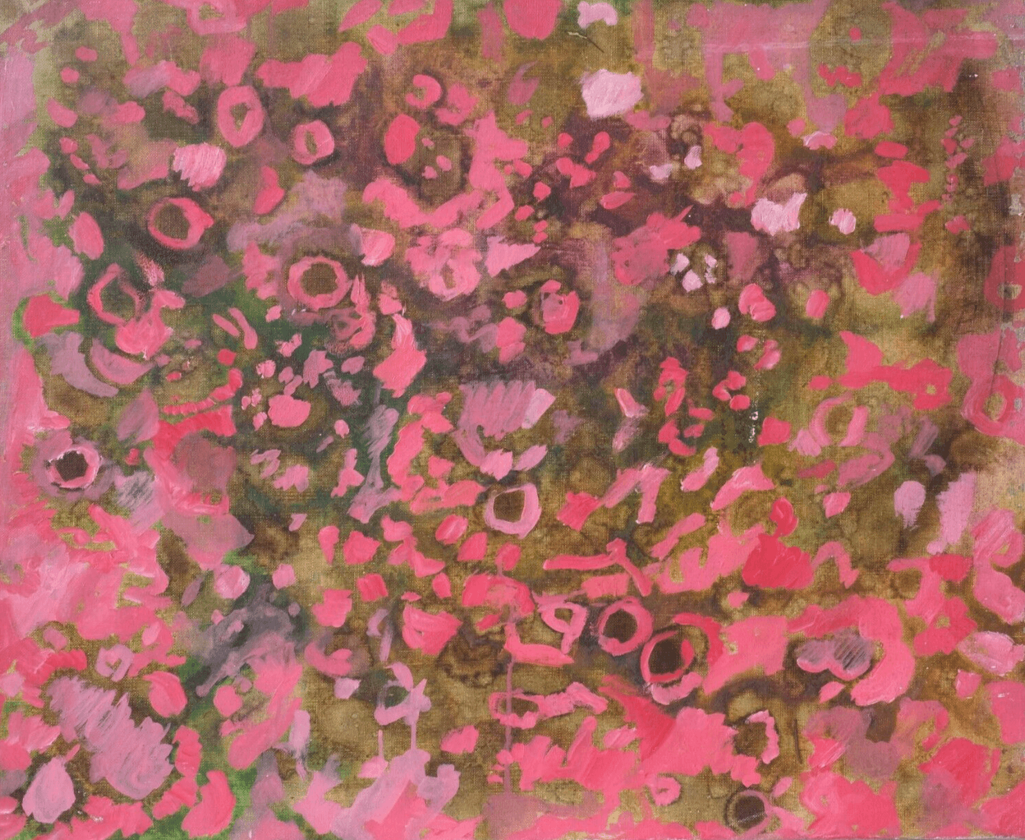 Antique Original Painting Pink Abstraction 1973 Organismes Microscopique