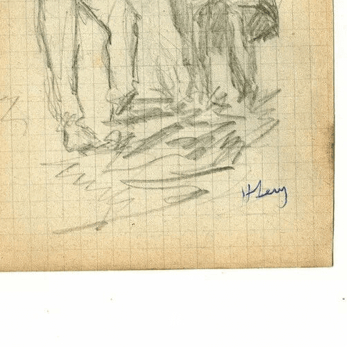 Antique Pencil Original Drawing Men Figures with Hats Sketch, Artwork Signed image 4