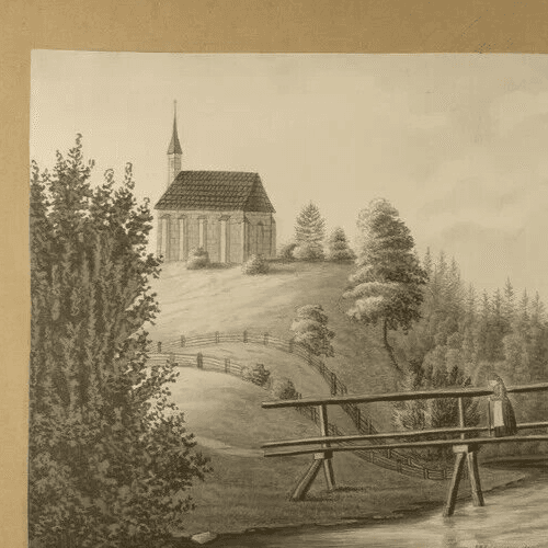 Antique Ink Drawing Original 19th century Woman on a Bridge by a Forest image 2