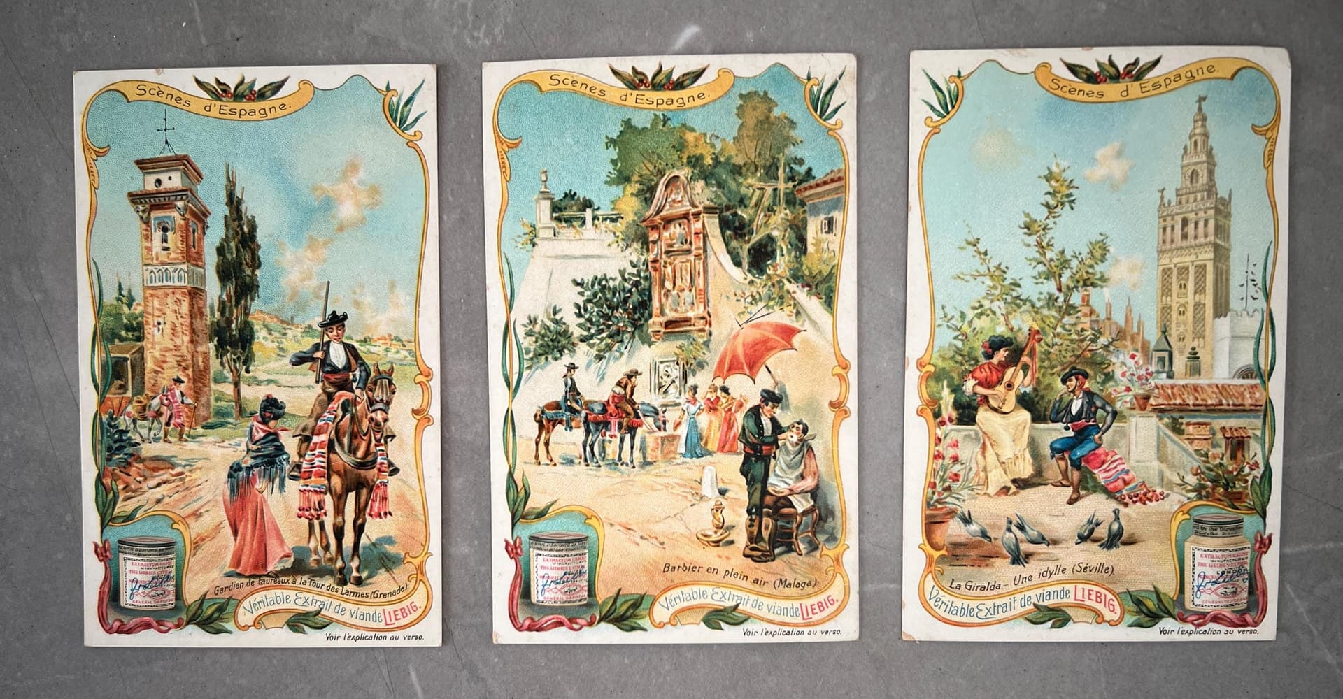 Set of 3 Liebig Trade Cards - Scenes of Spain, Vibrant 19th Century Art