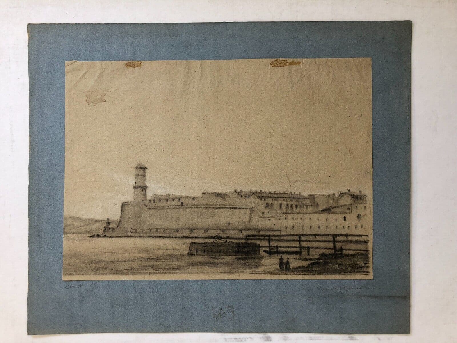 Antique Chacoral Drawing Original Maritime Port Landscape signed 19th century image 7
