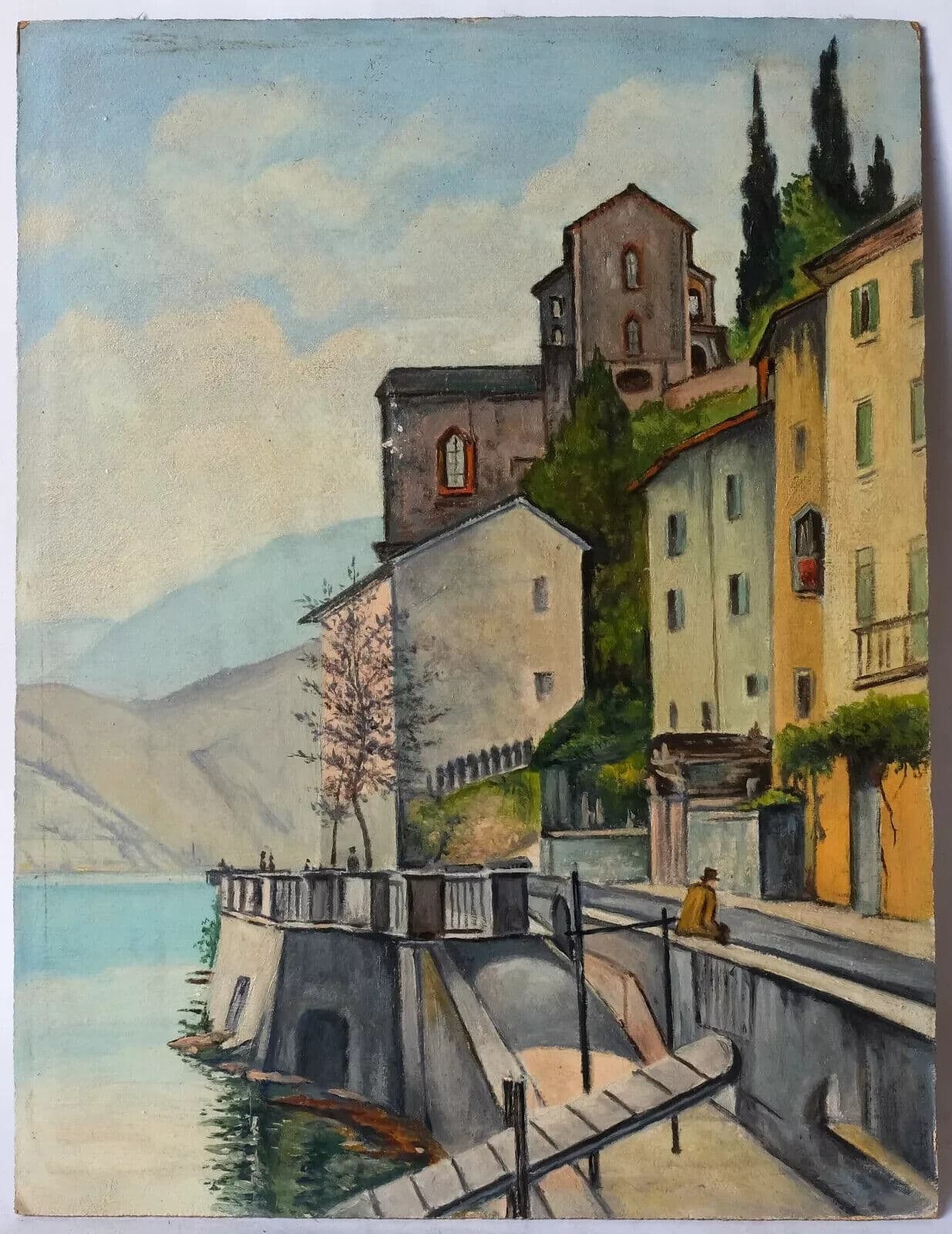 Antique Oil Painting Canvas Village Landscape, Lake, Italy, Mountain image 2