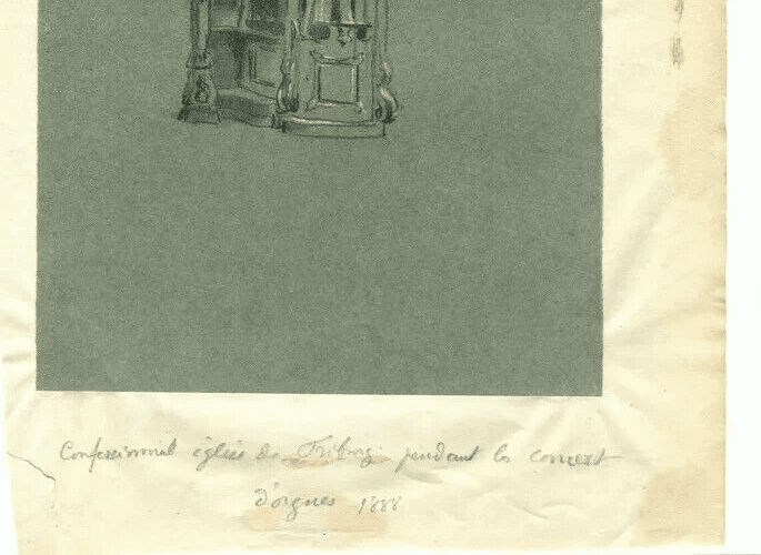 Antique Pencil Original Drawing Confessional Church of Friborg 1888 image 4