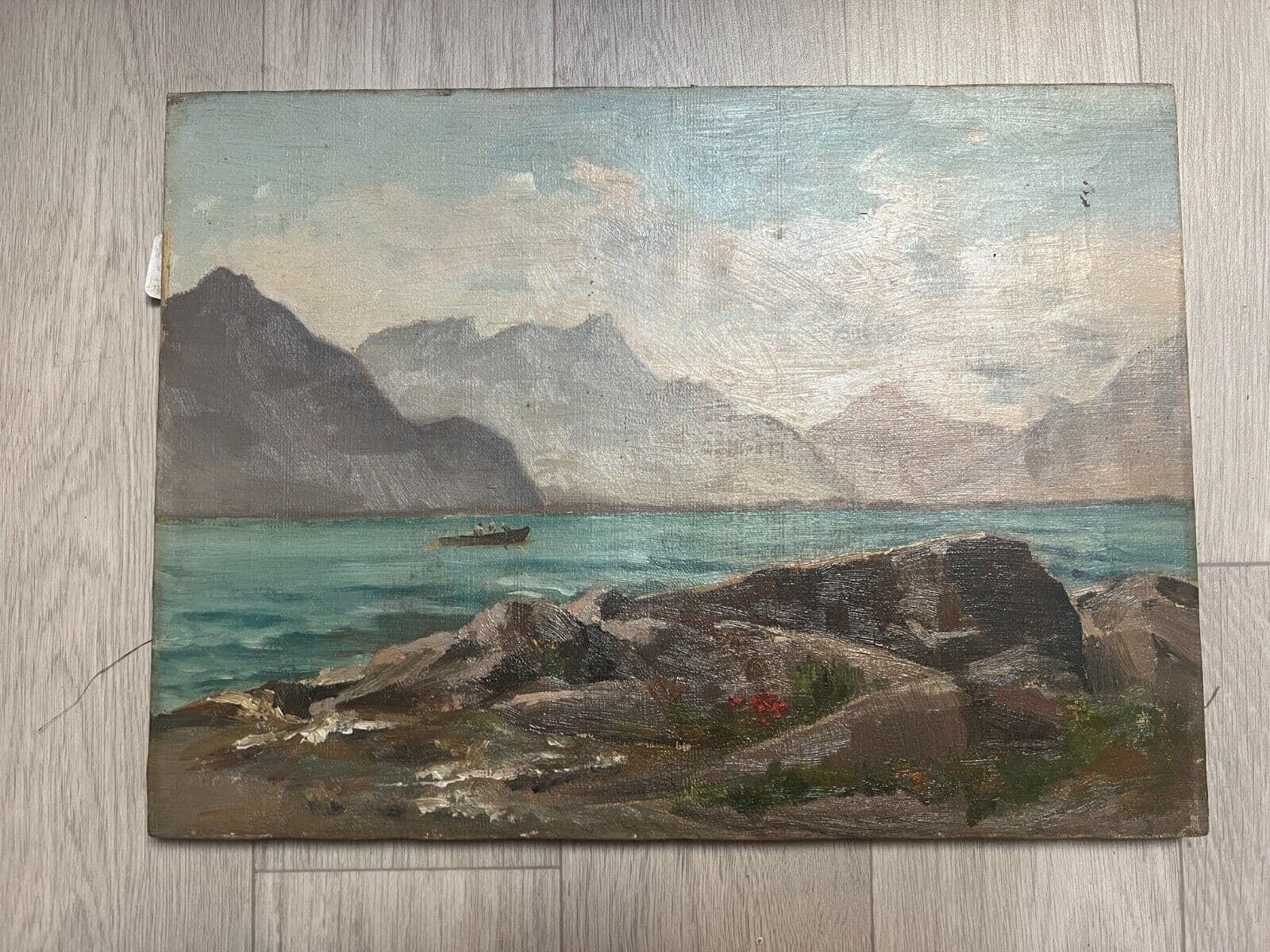 Antique Painting Original Maritime, Sea, Landscape, People, Boats signed image 6