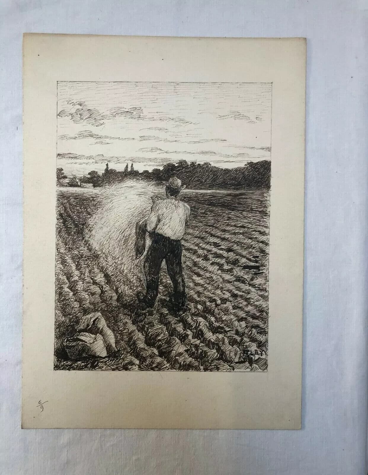 Antique Ink Old Drawing Original Man in the Field, Sow, Farmer image 6
