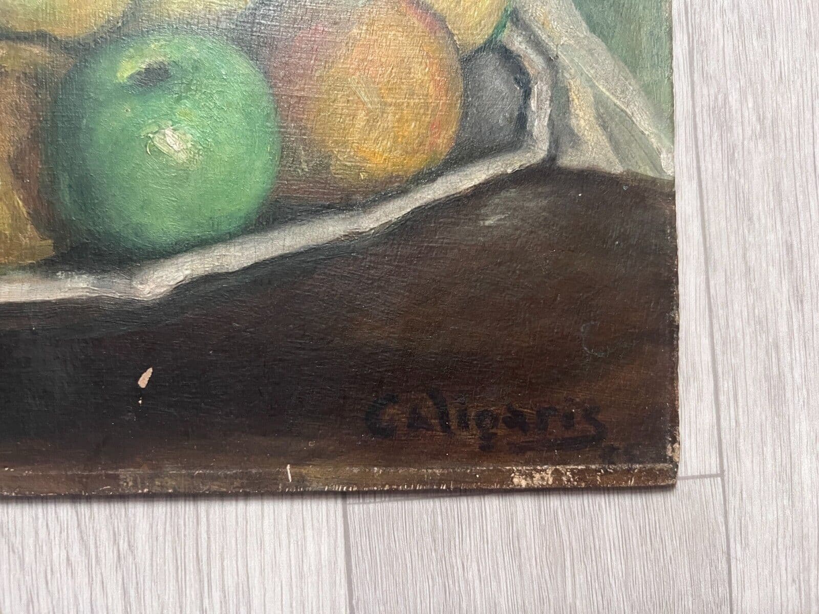Antique Oil Old Original Painting Apples and Flowers Bouquet, Still Life image 7