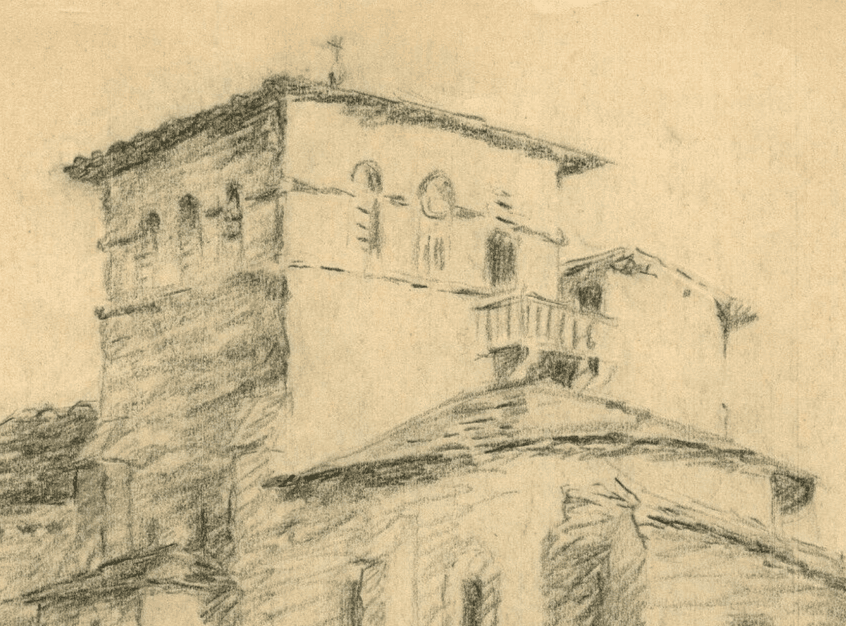 Vintage Pencil Signed Drawing Church, Monastery, Landscape, Architecture 1933 image 3