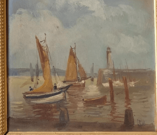 Antique Painting Original Old Maritime Landscape Boats Signed image 5