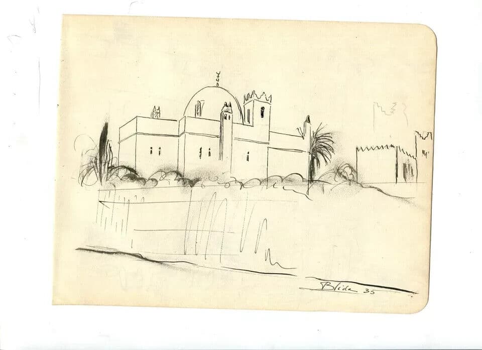 Vintage Ink Original Drawing Landscape, Blida, Cityview, Mosque c. 1935 image 6