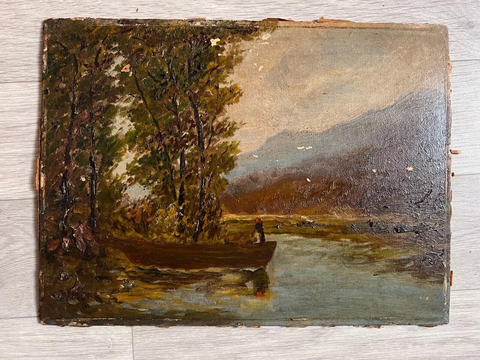 Vintage Oil Painting Maritime Landscape, Forest, Tree, Boat signed, Seascape image 5