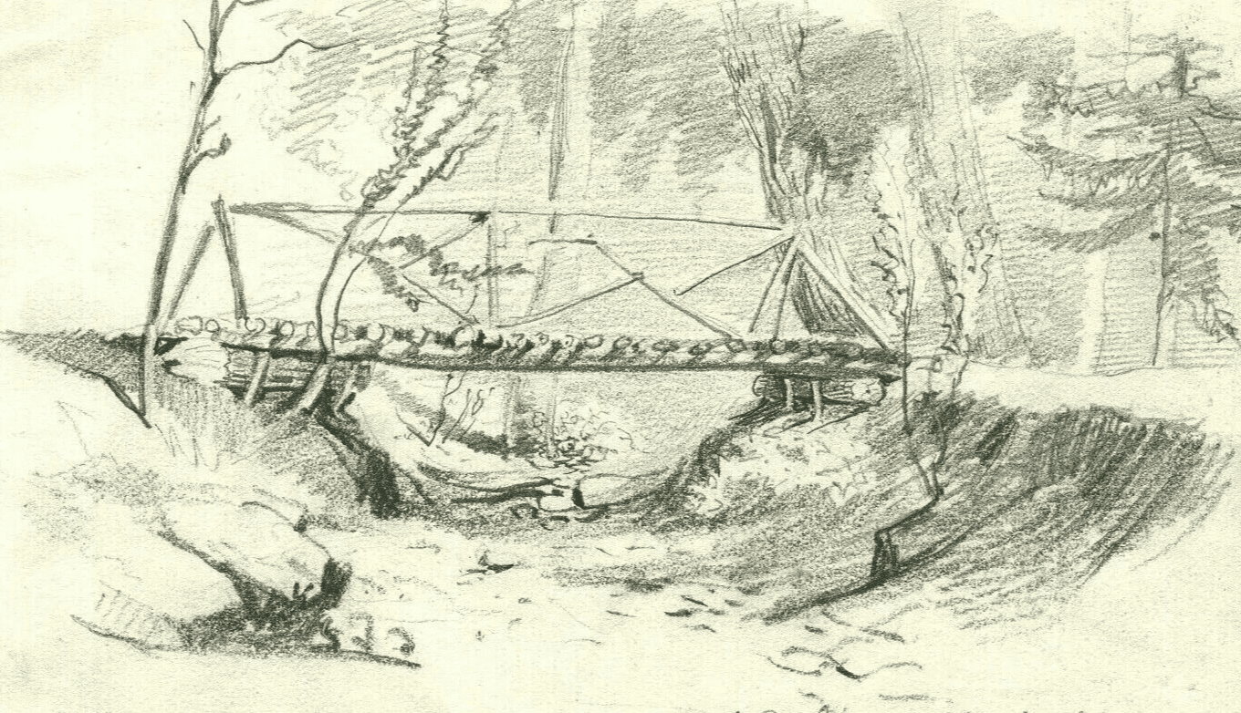Antique Original Pencil Drawing Landscape, Bridge, Forest, Trees and River image 1
