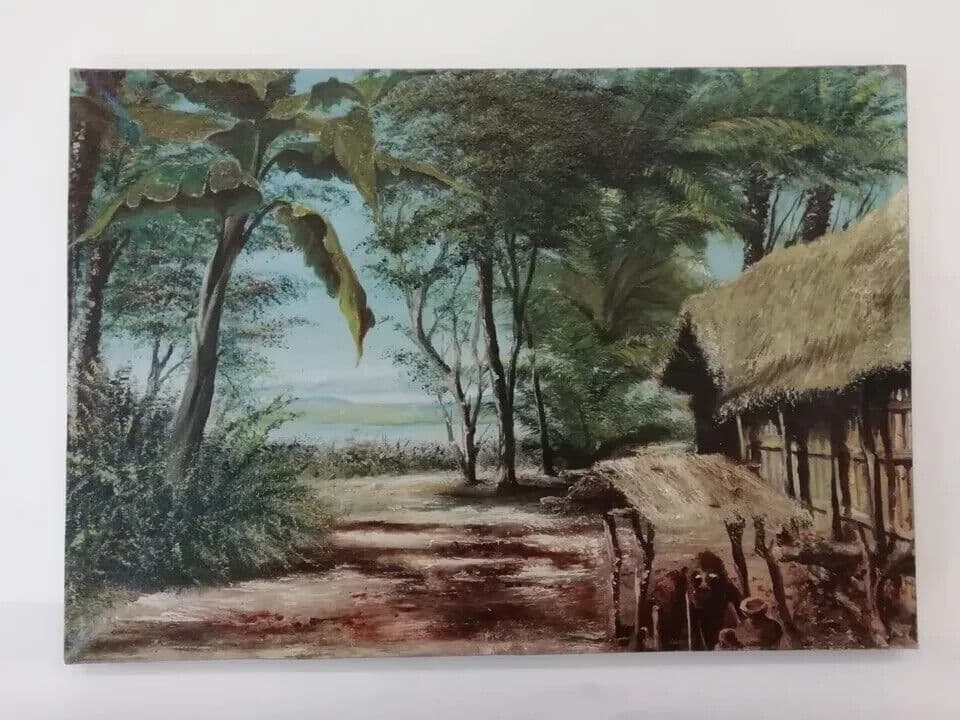 Antique Original African Landscape Palm Trees, Sea and House image 2