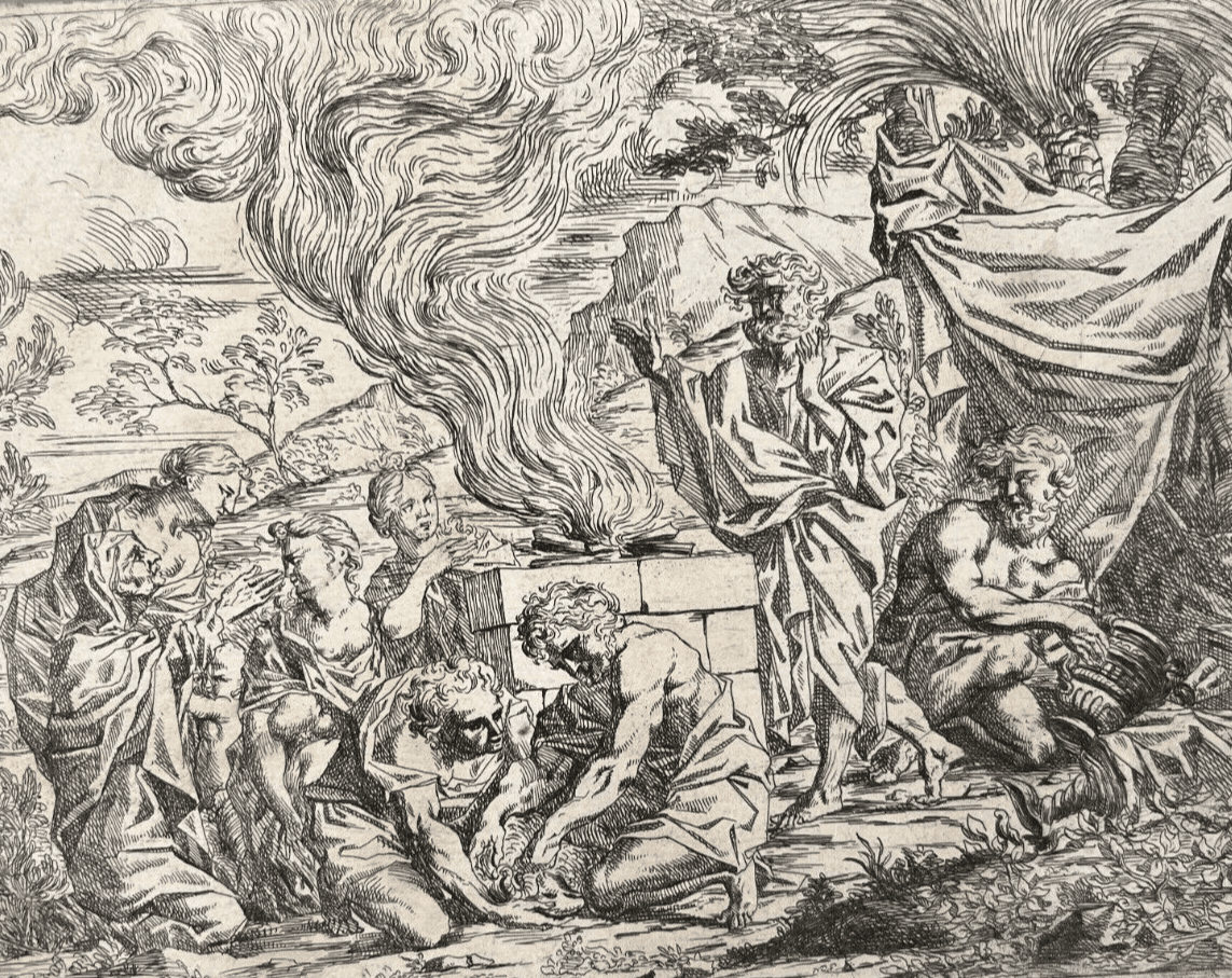 Antique Etching Original Religious, Bible, Fire, People, Moise image 1