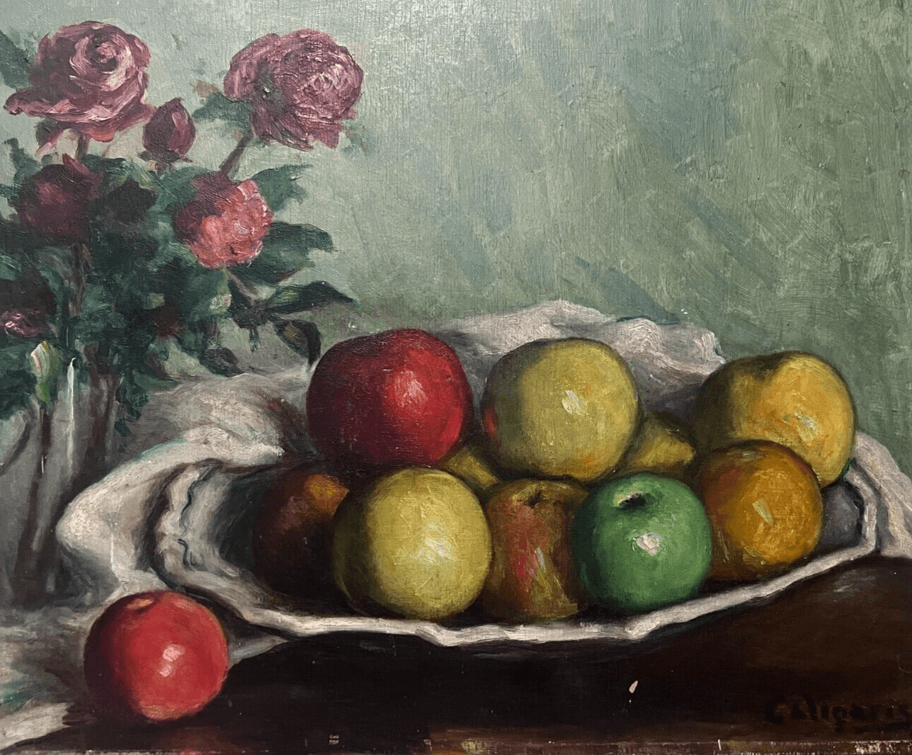 Antique Oil Old Original Painting Apples and Flowers Bouquet, Still Life image 1