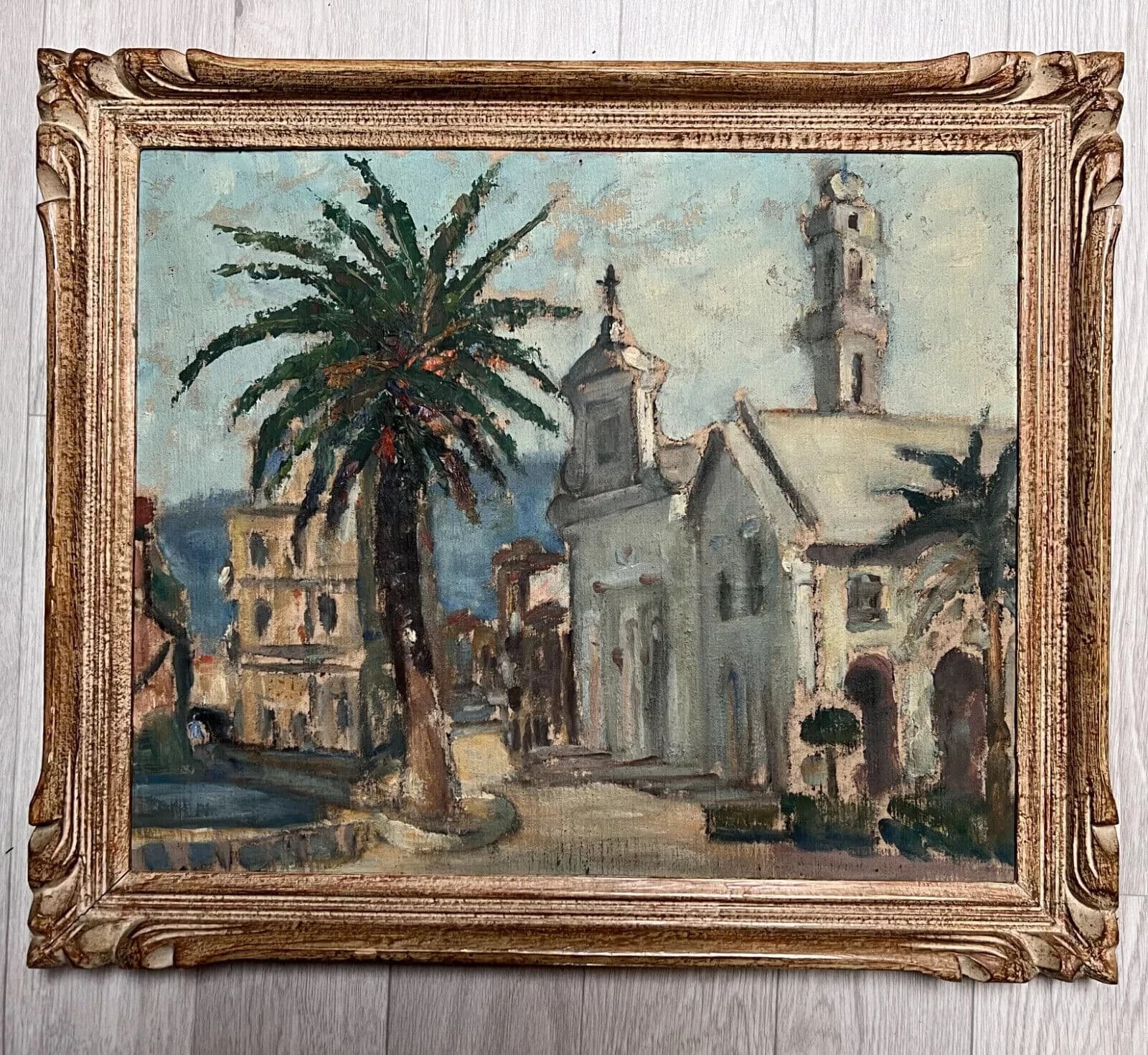 Antique Oil Painting Maritime Landscape , Cityview, Building, Church, Tree image 7