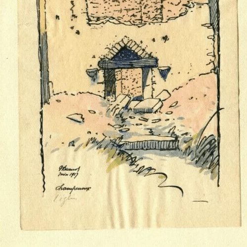 Vintage Ink Drawing Original signed Ruins House, Champreux, Lorraine 1917 image 3