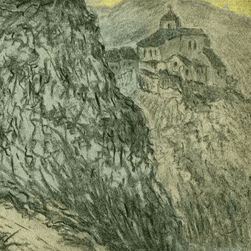 Vintage Drawing Original signed Paul LERICHE (1876-1927) - Ruins Castle Sunset image 2
