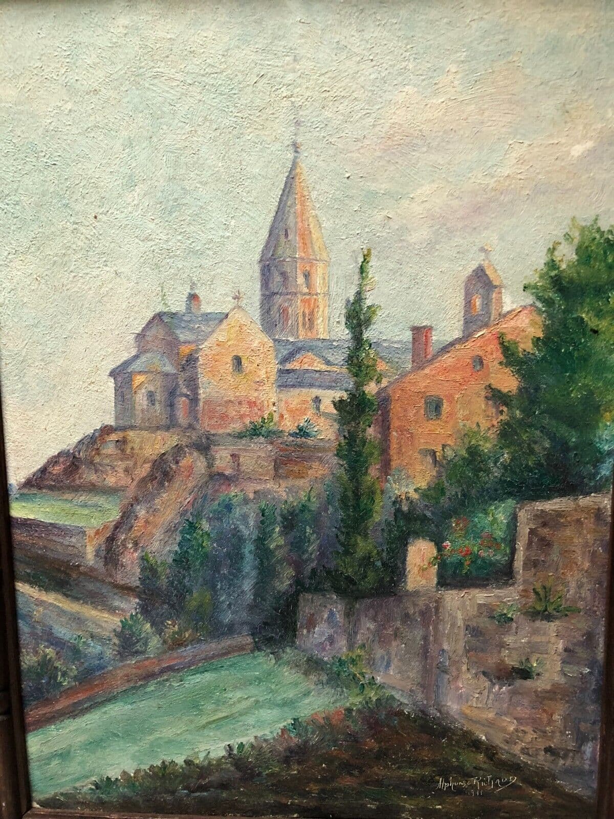 Antique Oil Original Painting City Town Landscape, Village image 1