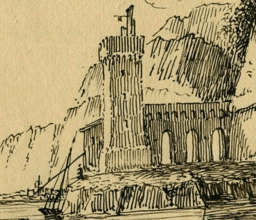 Antique Ink Drawing 19th century of Castle Landscape with Fisherman image 4