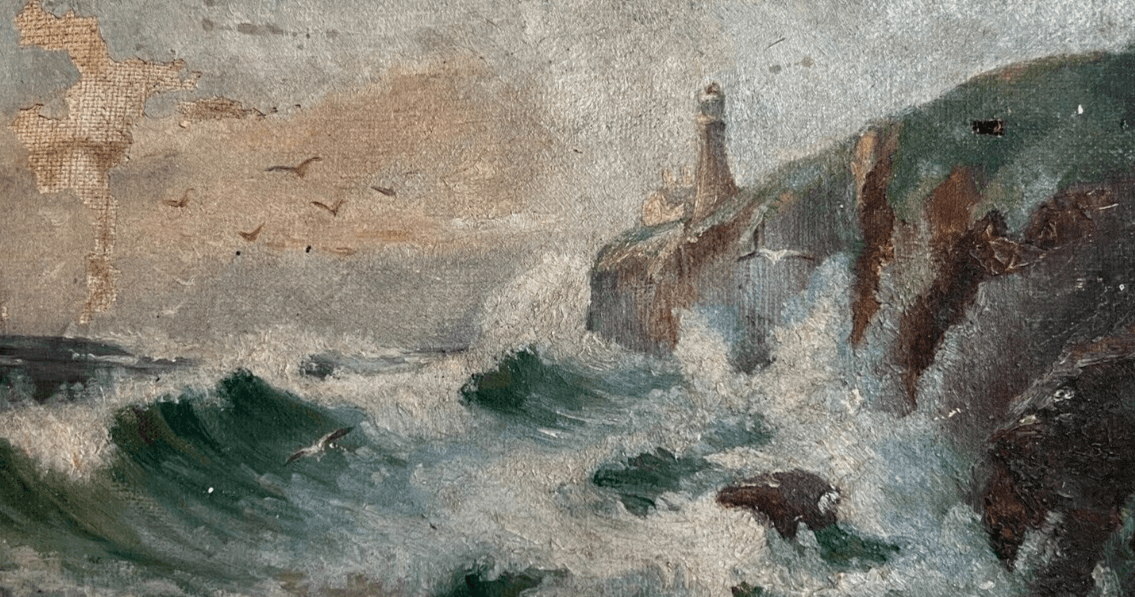 Antique Original Painting Landscape, Seaview, Lighthouse, Waves, Seagull signed image 1