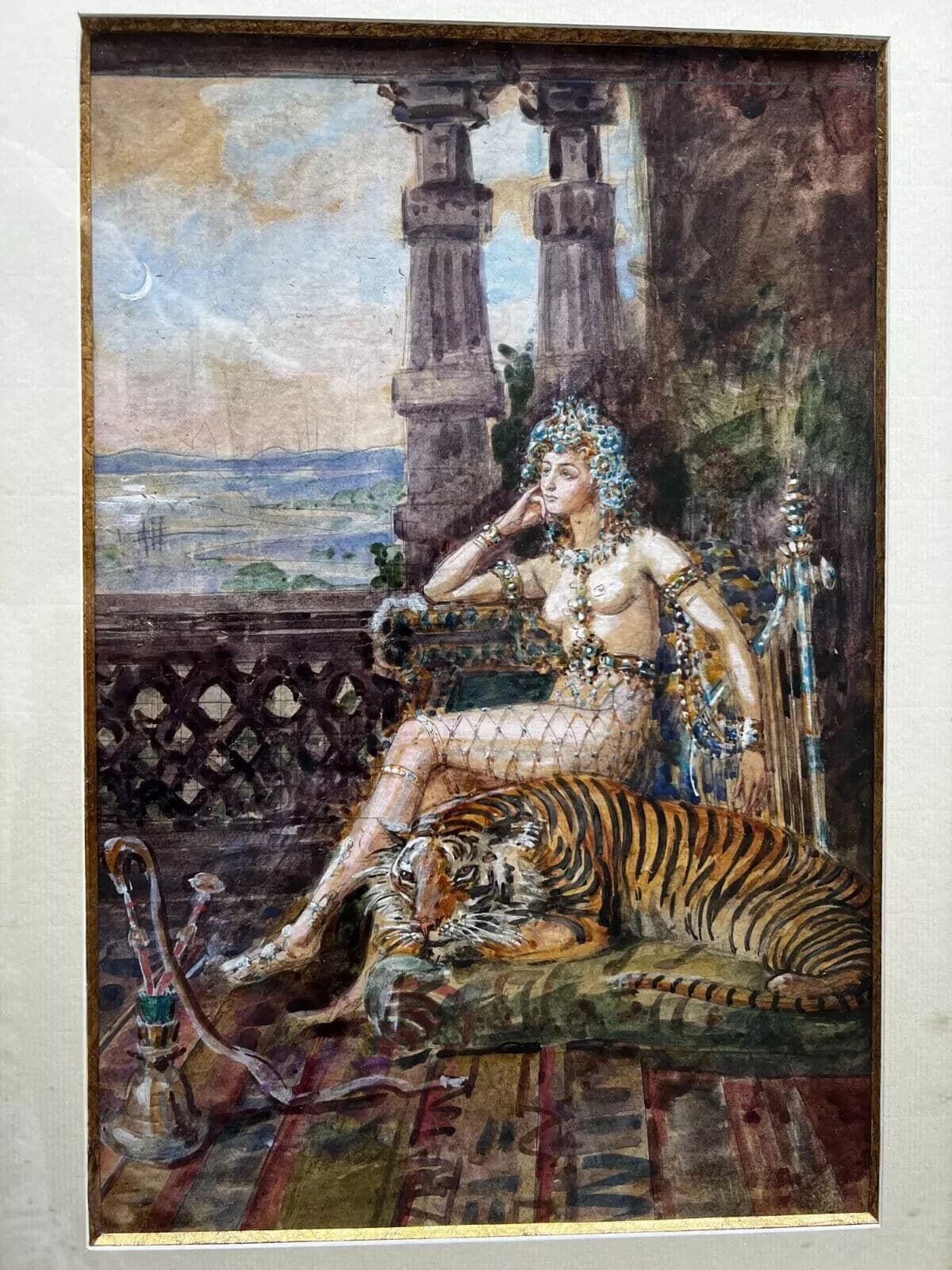 Antique Original Old Drawing Horace DE CALLIAS (1847-1921) Princess and Tiger image 2