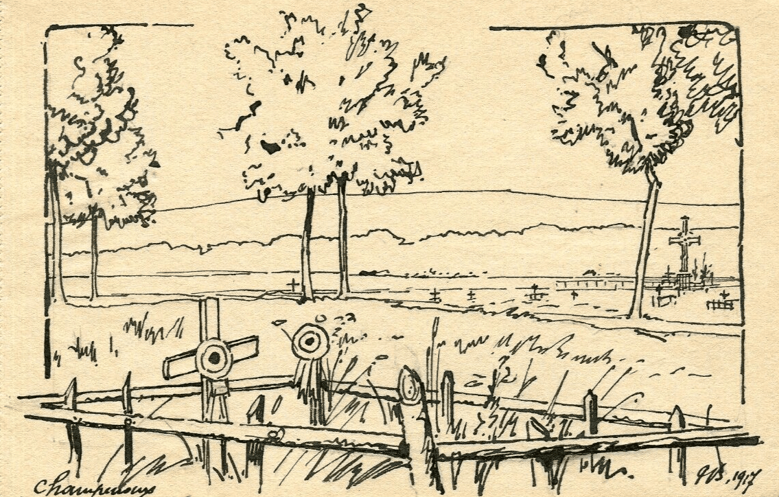 Vintage Ink Original Drawing Champenoux Cemetery Landscape Artwork