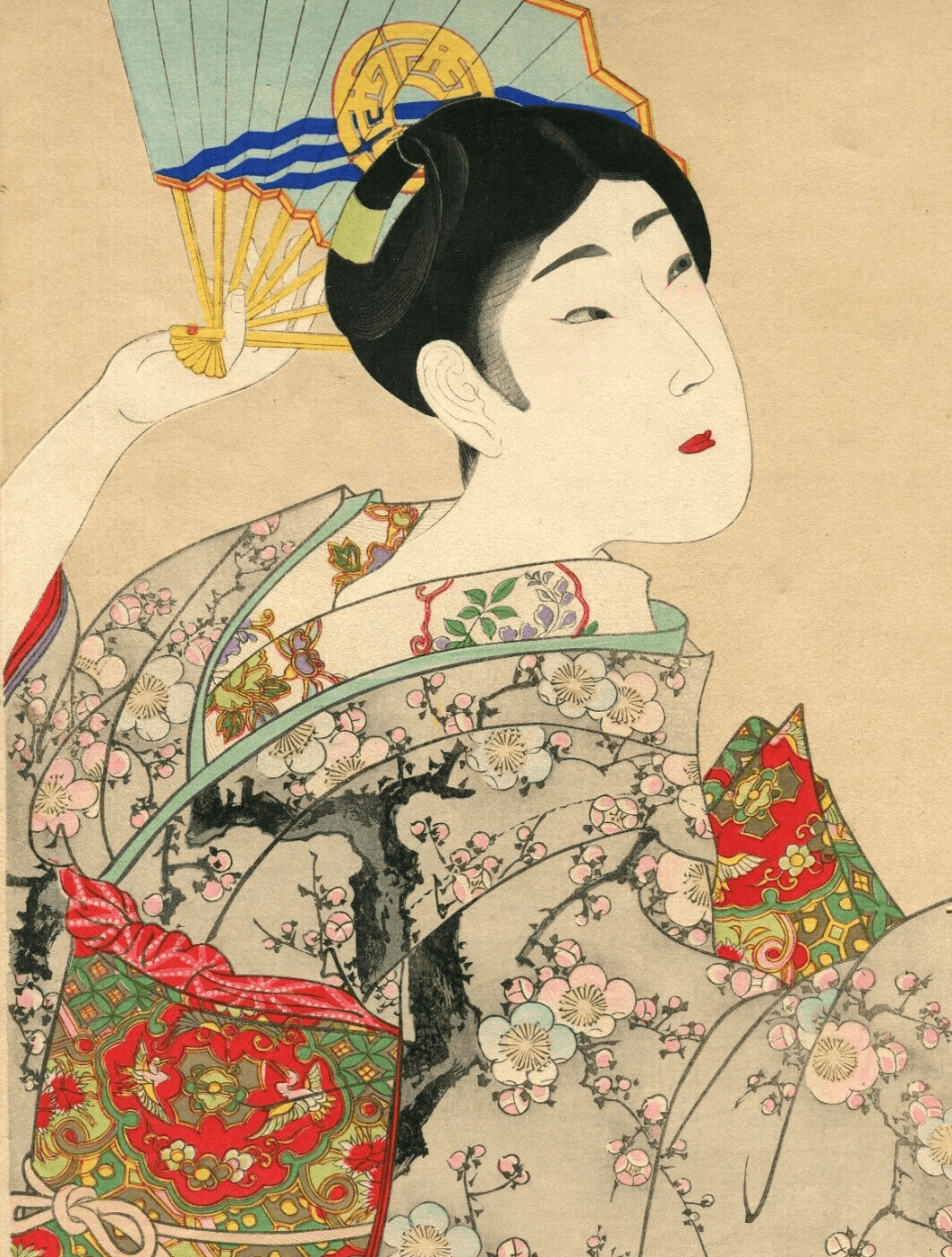 Antique Japanese Woodprint of a Geisha Woman Portait, Fan Asian Art Print Ukiyo image 1