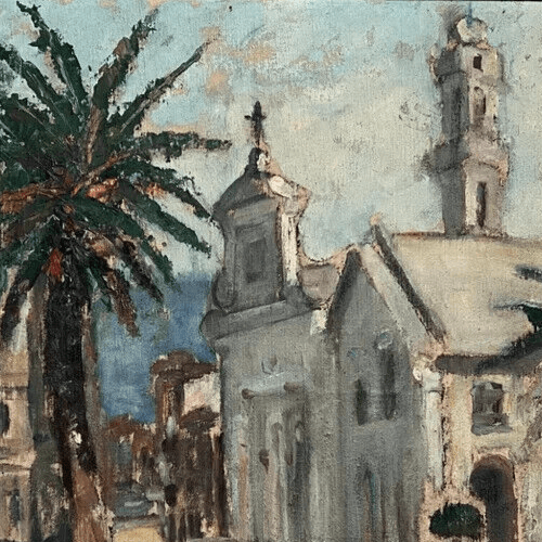 Antique Oil Painting Maritime Landscape , Cityview, Building, Church, Tree image 4