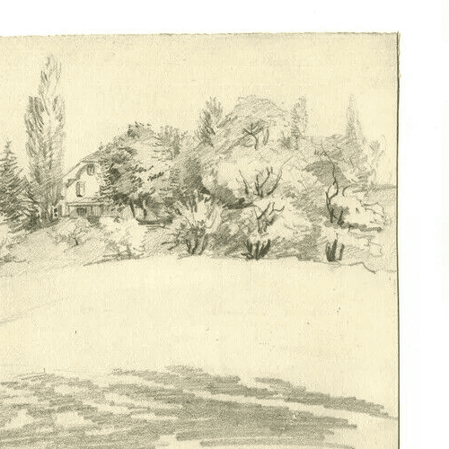 Vintage Pencil Original Drawing Sketch House, Garden. Landscape image 3