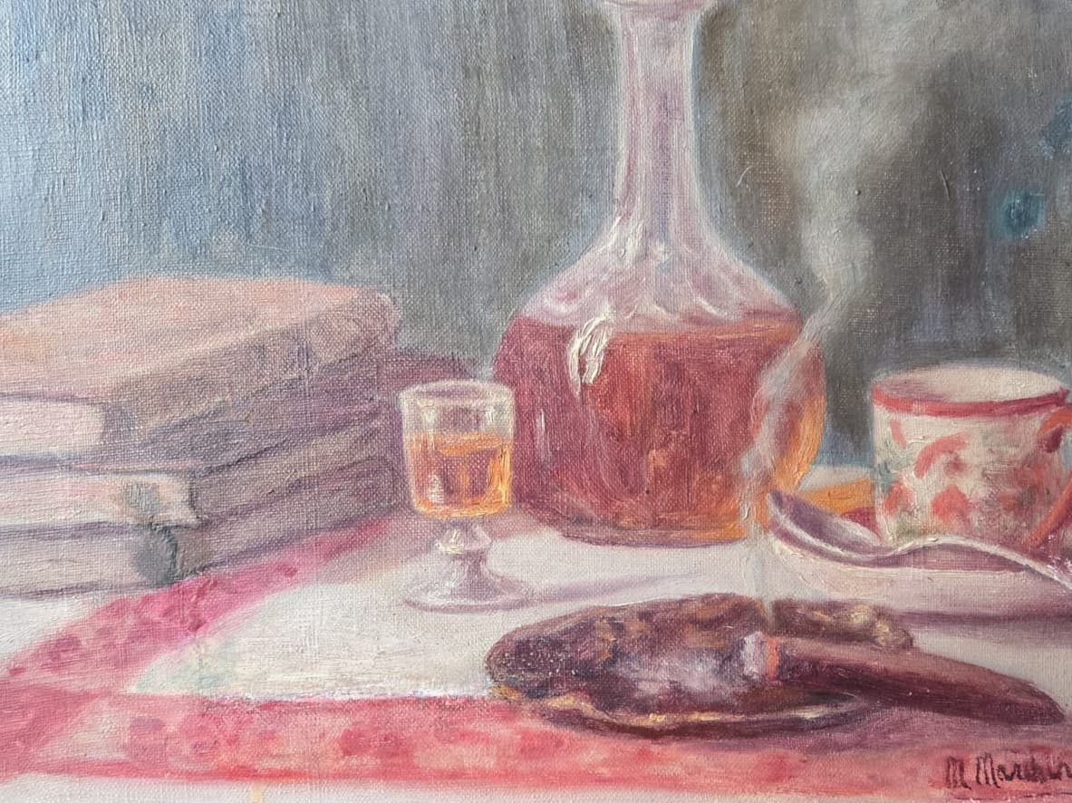 Antique Painting Original Still Life, Drinks, Tea, Cigar, Books signed image 1