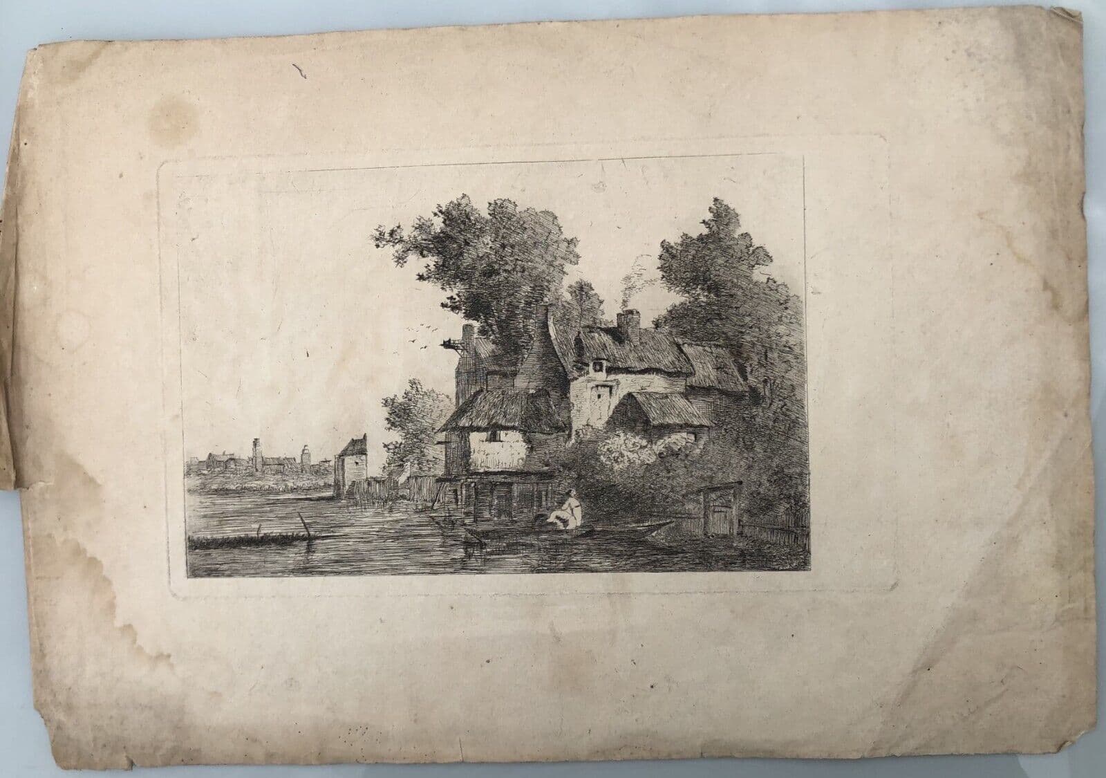 Antique Etching Original Landscape, Tree, Man, House, Boat image 6