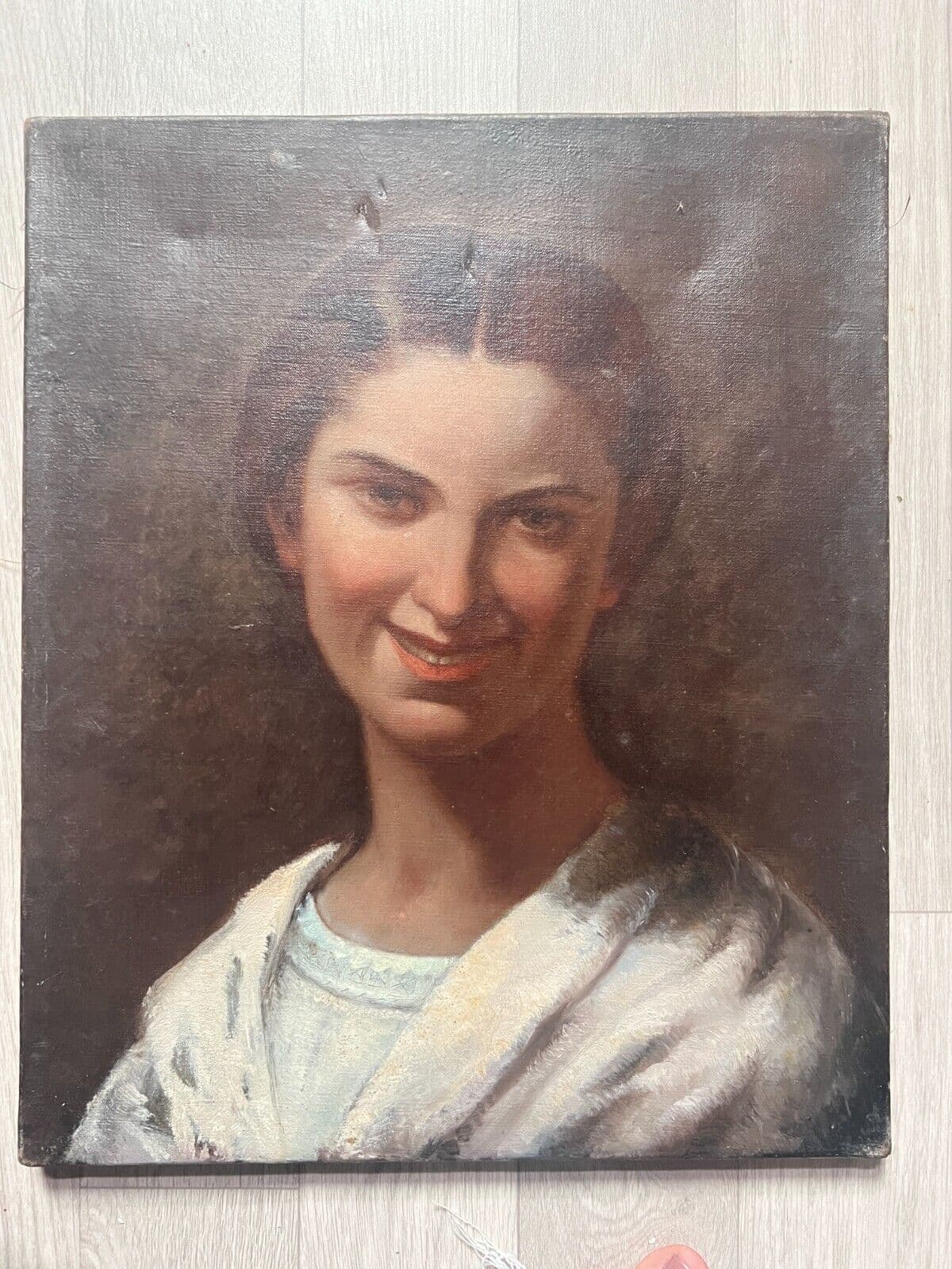 Antique Oil Original Painting Woman Portrait, Smile image 6