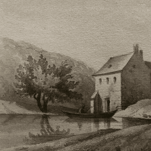 Antique Ink Drawing House Landscape, Boat and Figures 1862 image 2