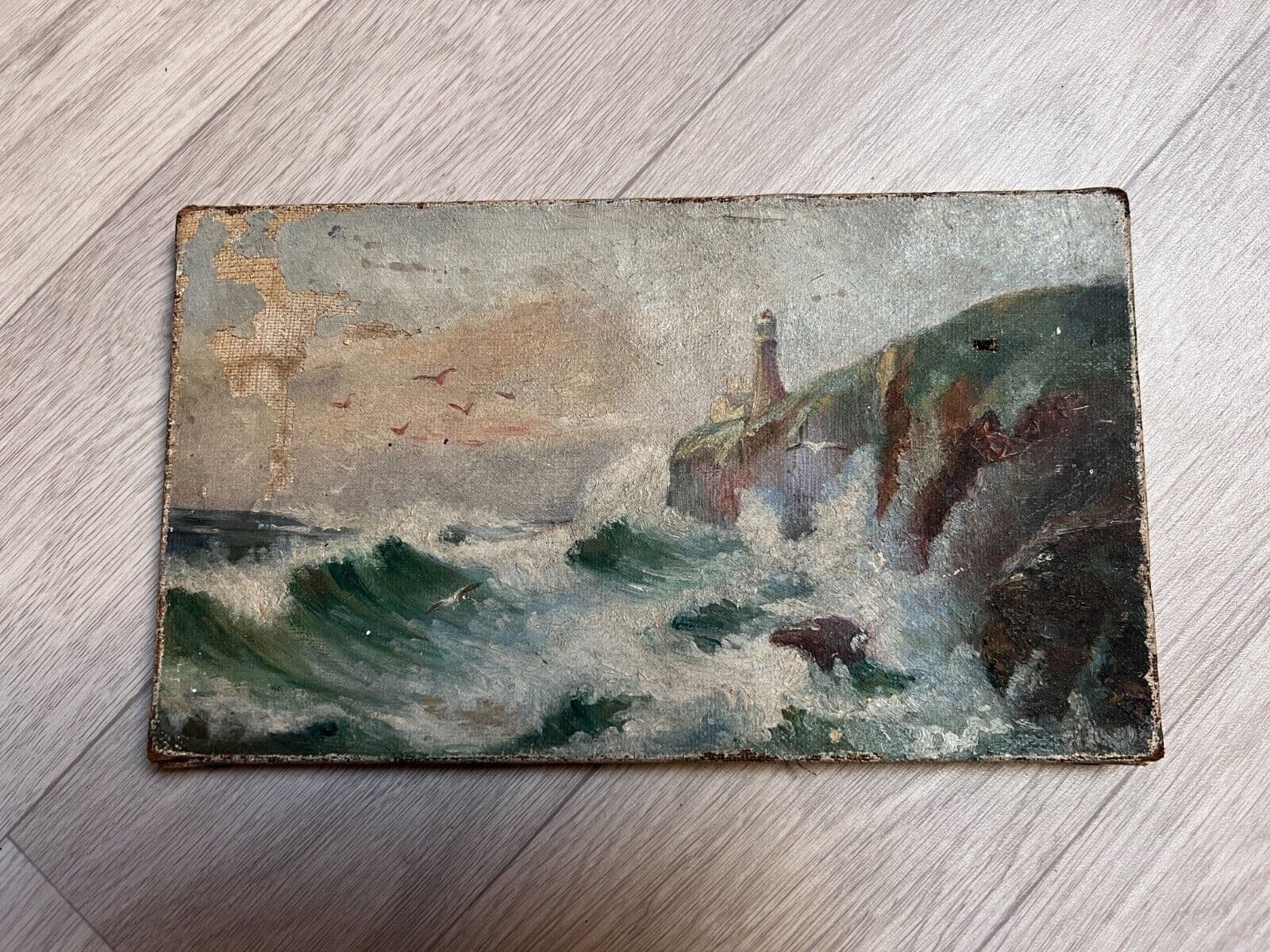 Antique Original Painting Landscape, Seaview, Lighthouse, Waves, Seagull signed image 2