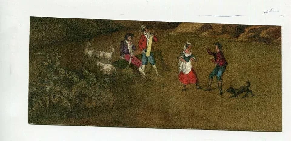 Antique Drawing 19th century Dancing People with Dog and Goats Artwork image 4
