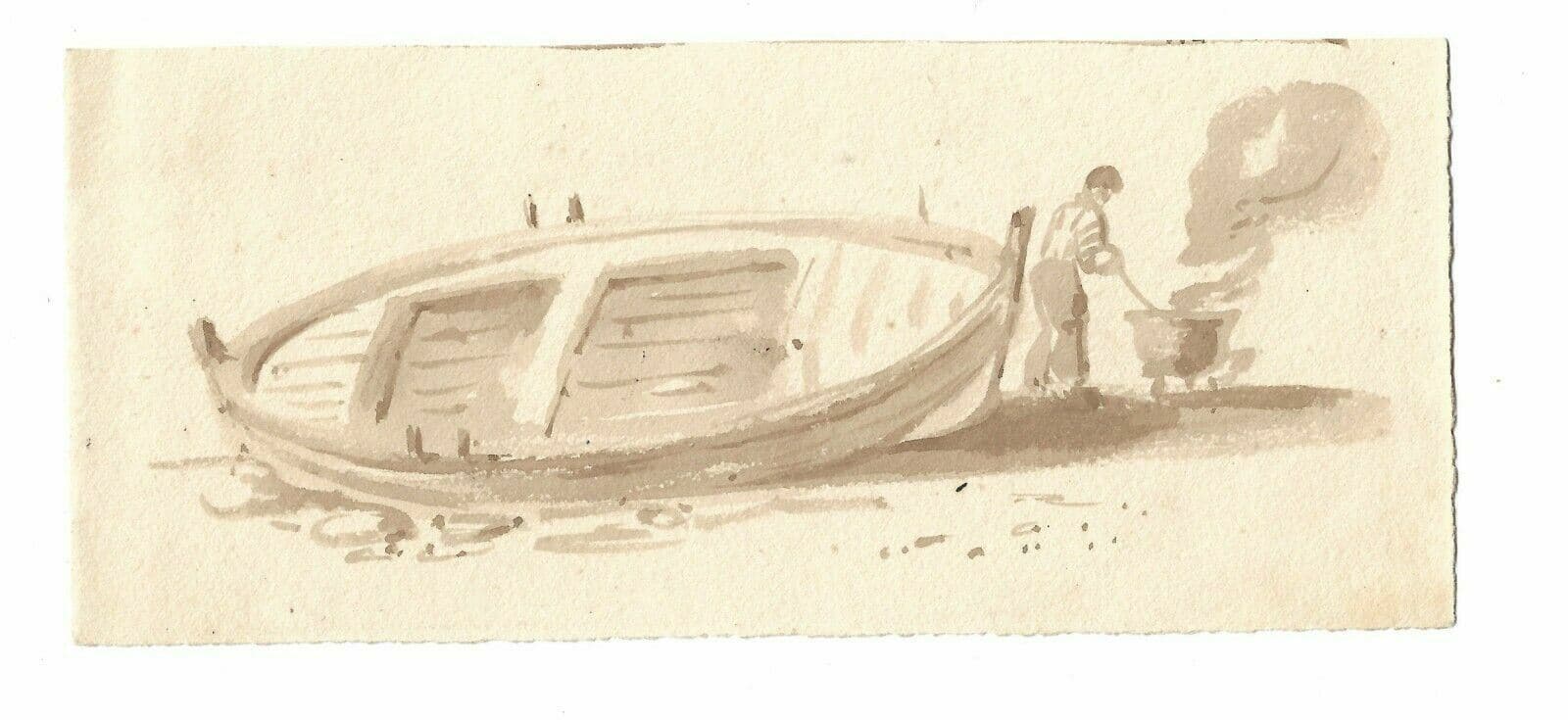 Antique Ink Original Drawing Man, Fire, Boat, Maritime, Beach, Seascape image 2