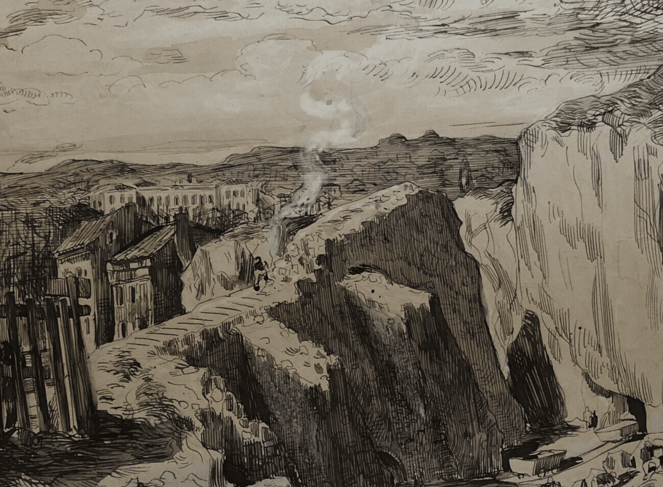 Vintage Original Drawing Cityview Mountain, Fire, Landscape, Fire image 1
