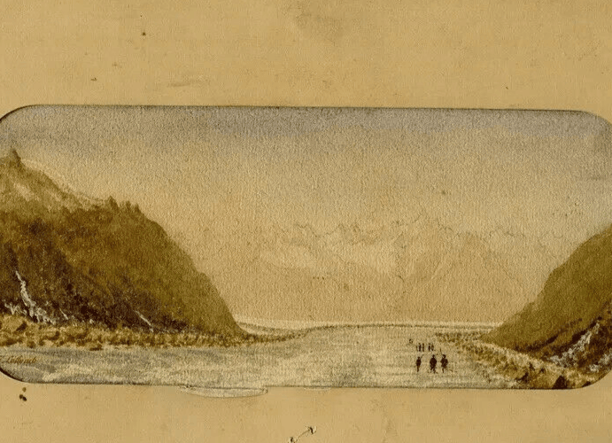 Antique Drawing Landscape 19 century Finsteraar Glacier Mountain Original signed image 1