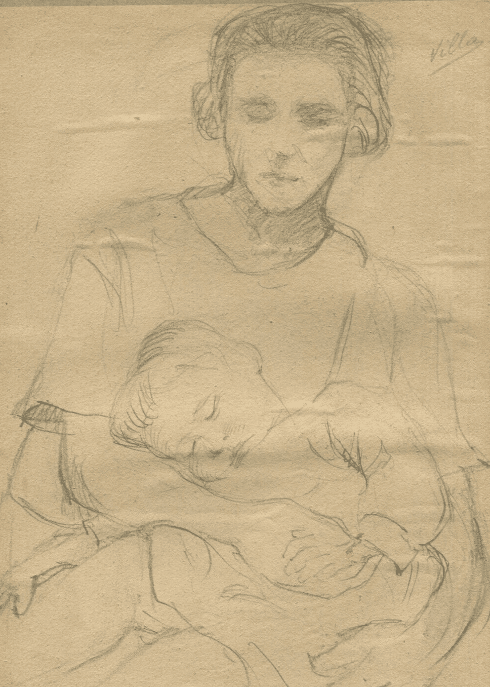 Antique Pencil Drawing Original Woman Portrait, Baby, Mother signed