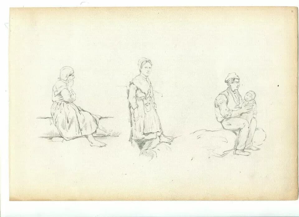 Vintage Old Pencil Drawing of Figures, Peasant and Baby image 5