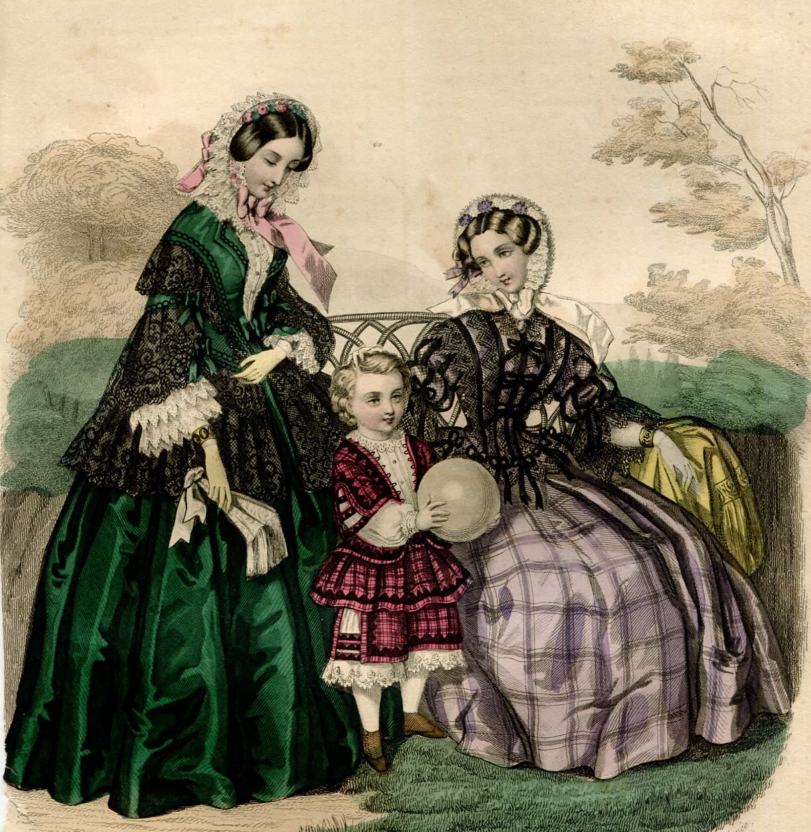Antique French Fashion Lithograph - "Modes Vraies, Travail en Famille" - Musée