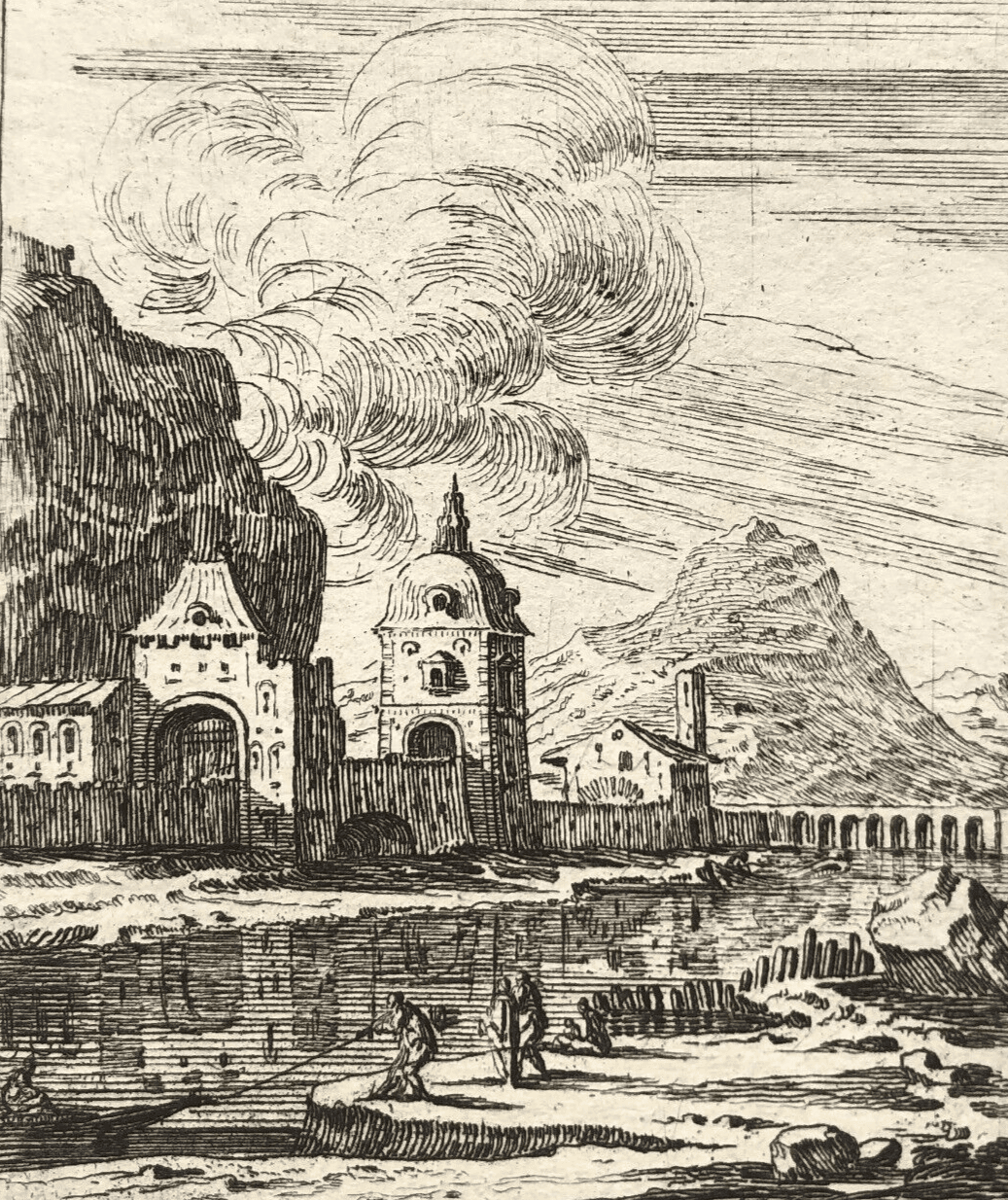 Antique Etching Original Cityview, Landscape, Porte de Grenoble, Houses image 1